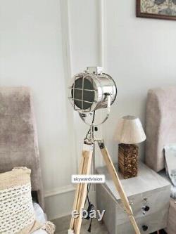 Handmade Industrial Vintage style wooden tripod with studio spotlight 177.8 cm b