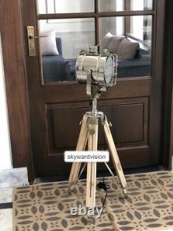 Handmade Industrial Vintage style wooden tripod with studio spotlight 177.8 cm b