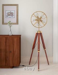 Handmade Vintage Style Fan Brass Floor Lamp with Wooden Adjustable Tripod Stand