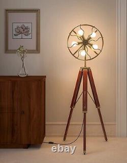 Handmade Vintage Style Fan Brass Floor Lamp with Wooden Adjustable Tripod Stand