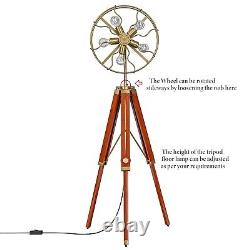 Handmade Vintage Style Fan Brass Floor Lamp with Wooden Adjustable Tripod Stand