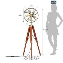 Handmade Vintage Style Fan Brass Floor Lamp with Wooden Adjustable Tripod Stand