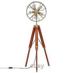 Handmade Vintage Style Fan Brass Floor Lamp with Wooden Adjustable Tripod Stand