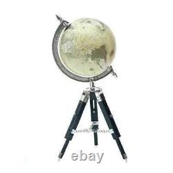 Handmade White Ocean World Globe with Wooden Tripod Antique-Style Vintage Map