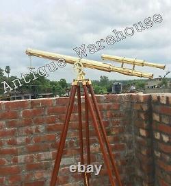 Harbor Master Double Barrel Shiny Brass Telescope Spyglass With Wooden Tripod