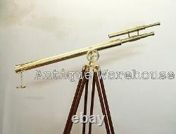 Harbor Master Double Barrel Shiny Brass Telescope Spyglass With Wooden Tripod