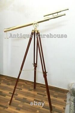 Harbor Master Double Barrel Shiny Brass Telescope Spyglass With Wooden Tripod