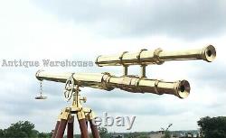 Harbor Master Double Barrel Shiny Brass Telescope Spyglass With Wooden Tripod