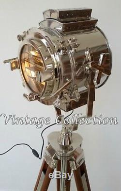 Hollywood Collectible Vintage Spotlight Wooden Heavy Tripod Big Light Floor Lamp