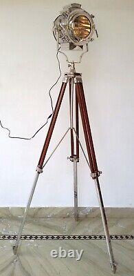 Hollywood Nautical Vintage Wooden Heavy Tripod Spotlight Big Light Floor Lamp