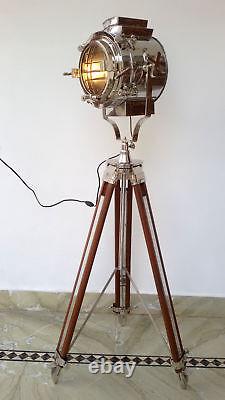 Hollywood Nautical Vintage Wooden Heavy Tripod Spotlight Big Light Floor Lamp