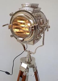 Hollywood Nautical Vintage Wooden Heavy Tripod Spotlight Big Light Floor Lamp