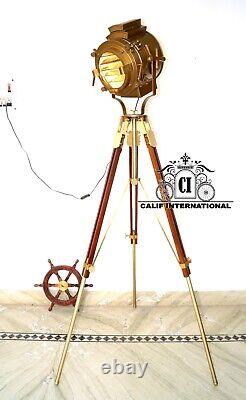 Hollywood Vintage Nautical Spotlight With Wooden Tripod Home Décor Floor Office