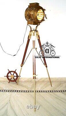 Hollywood Vintage Nautical Spotlight With Wooden Tripod Home Décor Floor Office