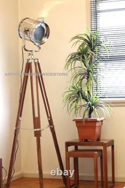 Home Decor Tripod Stand Lamp Wooden Spotlight Floor Nautical Light Brown Vintage