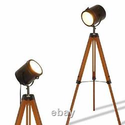 Industrial Floor Lamp, Natural Wood Vintage Standing Light
