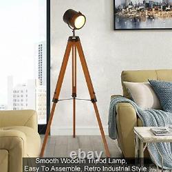 Industrial Floor Lamp, Natural Wood Vintage Standing Light