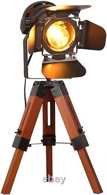 Industrial Tripod Floor Table Lamp Vintage Wood Cinema Searchlight Standing L
