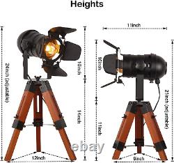 Industrial Tripod Floor Table Lamp Vintage Wood Cinema Searchlight Standing L