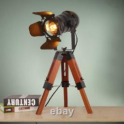 Industrial Tripod Floor Table Lamp Vintage Wood Cinema Searchlight Standing L