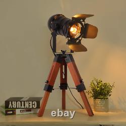 Industrial Tripod Floor Table Lamp Vintage Wood Cinema Searchlight Standing L