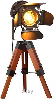 Industrial Tripod Floor Table Lamp Vintage Wood Cinema Searchlight Standing Ligh