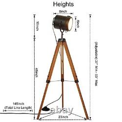 Industrial Vintage Black Tripod Floor Table Lamp Modern Adjustable Height Wooden