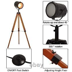 Industrial Vintage Black Tripod Floor Table Lamp Modern Adjustable Height Wooden