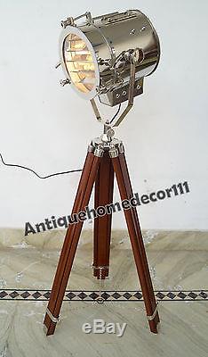 Industrial Vintage Designer Nautical Spot Light Wooden Tripod Floor Lamp Decor