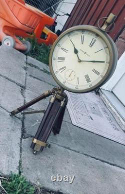 Industrial Vintage Desk Clock with Adjustable Wooden Tripod Base, Antique, Medium