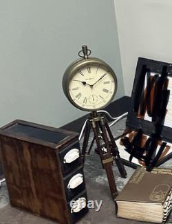 Industrial Vintage Desk Clock with Adjustable Wooden Tripod Base, Antique, Medium