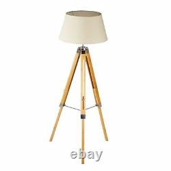LARGE TRIPOD FLOOR LAMP Linen Shade Modern Light Bamboo Vintage Wooden Retro