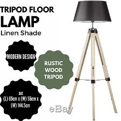 LARGE TRIPOD FLOOR LAMP Linen Shade Modern Light Retro Vintage Wooden