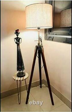 Lamp Wooden Shade Tripod Antique Floor Stand Nautical Vintage Home Brown Decor