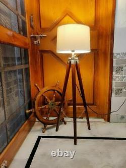 Lamp Wooden Shade Tripod Antique Floor Stand Nautical Vintage Home Brown Decor