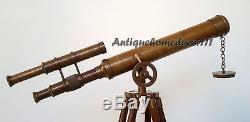MARINE NAVY ANTIQUE VINTAGE BRASS DOUBLE BARREL TELESCOPE With WOOD TRIPOD STAND