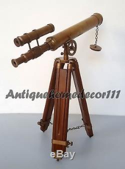MARINE NAVY ANTIQUE VINTAGE BRASS DOUBLE BARREL TELESCOPE With WOOD TRIPOD STAND