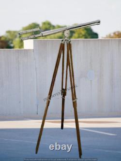 MARINE NAVY Nautical Vintage Handmade Brass Telescope Barrel Brown Wooden Tripod