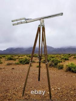 MARINE NAVY Nautical Vintage Handmade Brass Telescope Barrel Brown Wooden Tripod