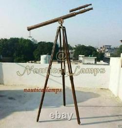 Marine Antique Navy Brass Double BarrelTelescope 39 With Wooden Tripod Stand