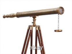 Marine Brass Telescope With Wooden Tripod Single Barrel Vintage Deco Finderscope