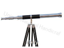 Marine Chrome Brass Black Leather Telescope Brown Tripod Vintage