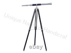 Marine Chrome Brass Black Leather Telescope Brown Tripod Vintage