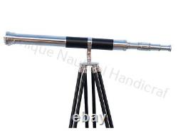 Marine Chrome Brass Black Leather Telescope Brown Tripod Vintage