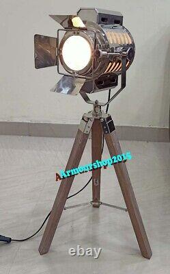 Marine Chrome SPOT LIGHT Nautical TABLE LAMP Vintage With Wooden Tripod Stand