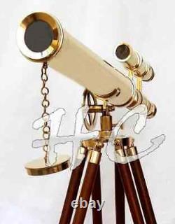 Marine Nautical Navy Brass Double Barrel Telescope 18 With Wooden Tripod Stand