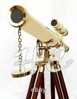 Marine Nautical Navy Brass Double Barrel Telescope 18 With Wooden Tripod Stand