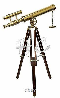 Marine Nautical Navy Brass Double Barrel Telescope 18 With Wooden Tripod Stand