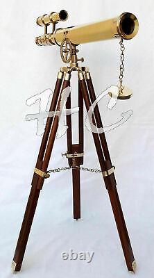 Marine Nautical Navy Brass Double Barrel Telescope 18 With Wooden Tripod Stand