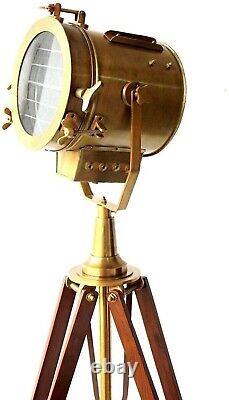 Marine Vintage Brass Nautical Searchlight Floor Spotlight Lamp Wooden Tripod